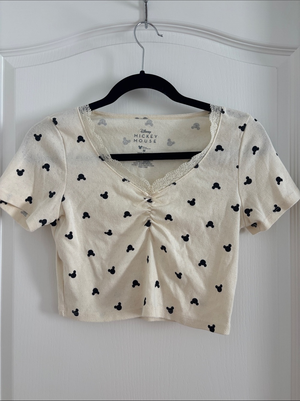 Disney Cream and Black Mickey Mouse Cropped Tee